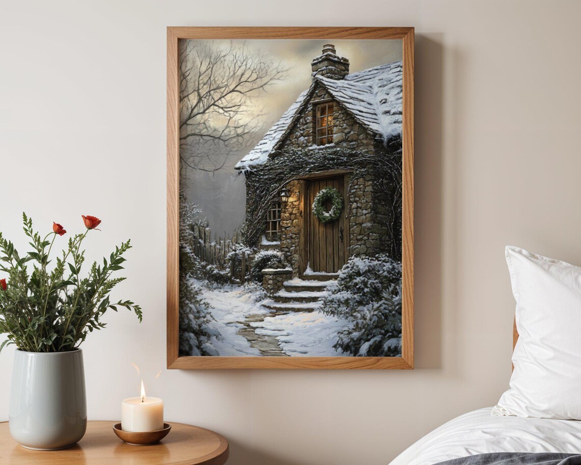 Cozy Snowy Cottage, Rustic Winter Wonderland Poster