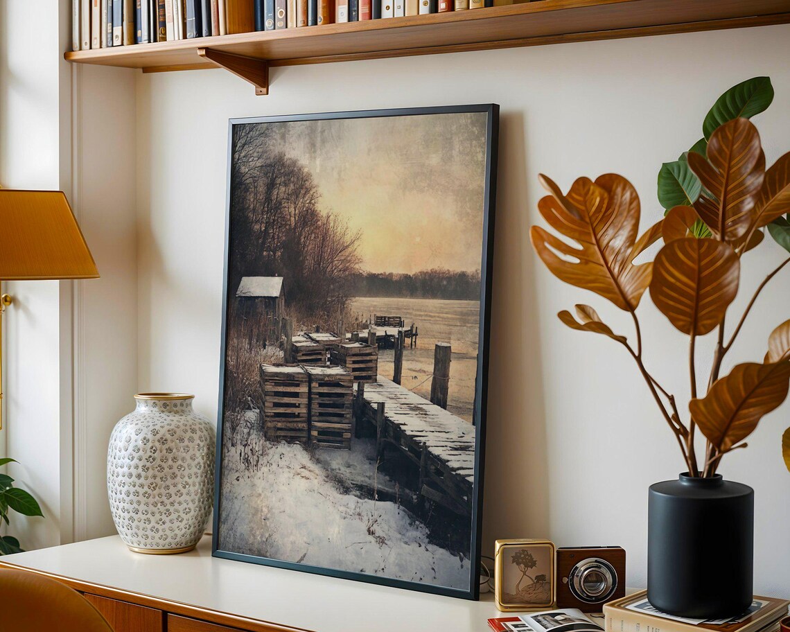 Rustic Winter Dock Scene, Vintage Lake View - Image 2