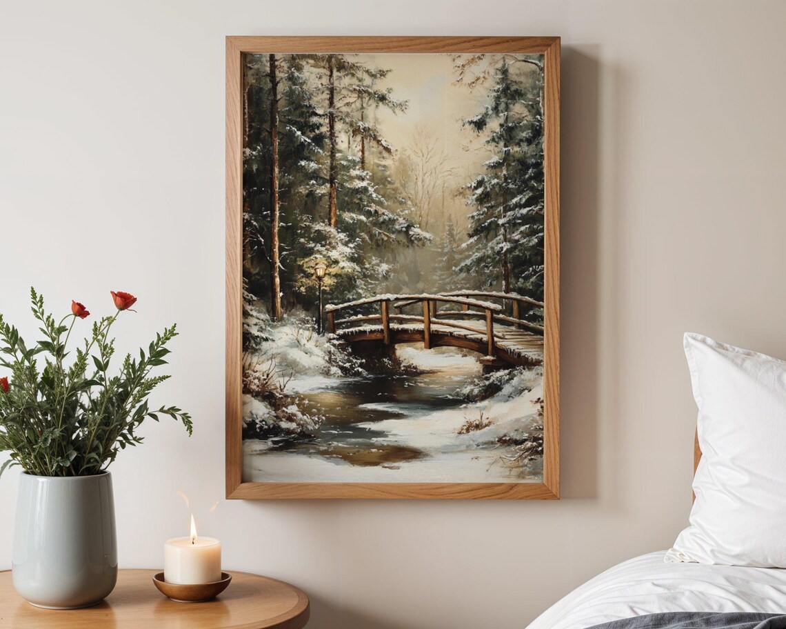 Snowy Forest Bridge, Winter Landscape Art Print