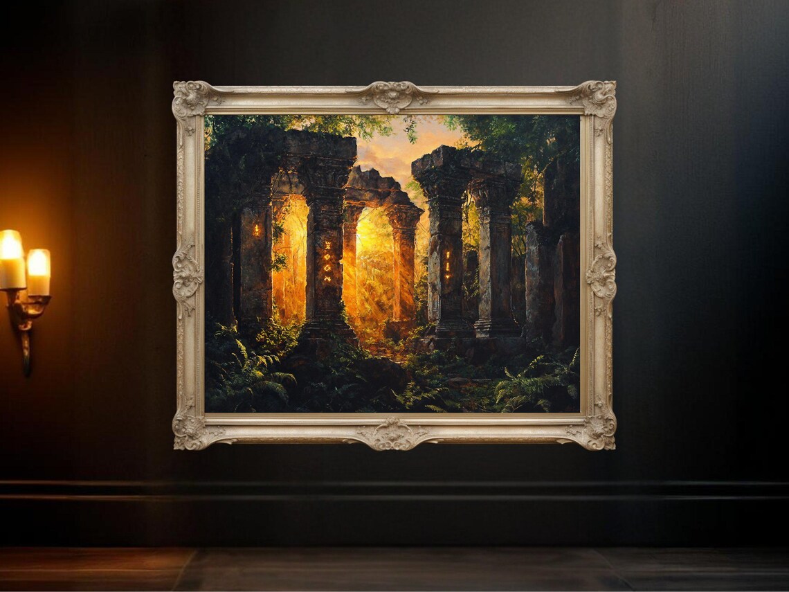 Ancient Ruins Sunset Forest Landscape Art Print