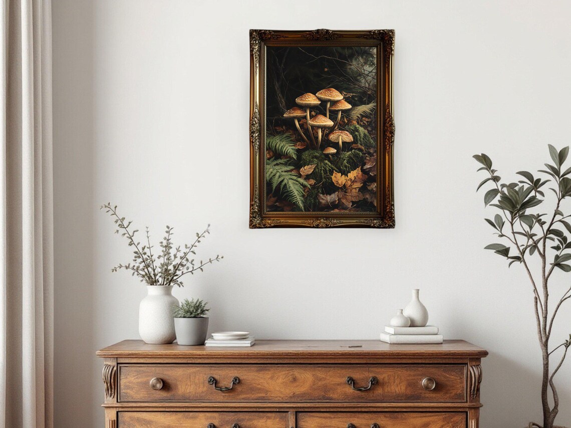 Enchanting Forest Mushrooms, Vintage Oil Painting - Image 3