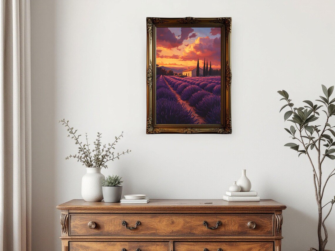 Lavender Field Sunset, Countryside Landscape Art Print - Image 2