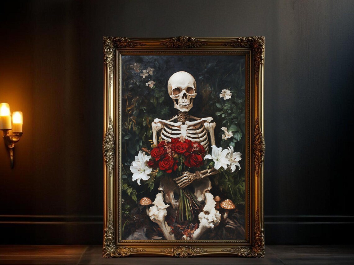 Gothic Skeleton With Flowers, Spooky Halloween Decor