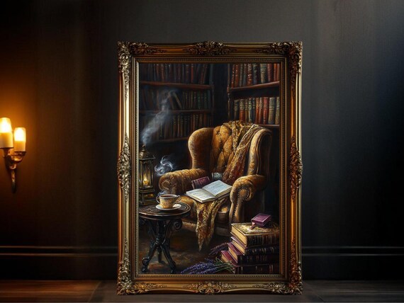 Cozy Vintage Library Scene, Reading Room Decor