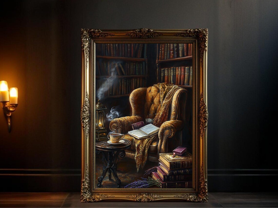 Cozy Vintage Library Scene, Reading Room Decor