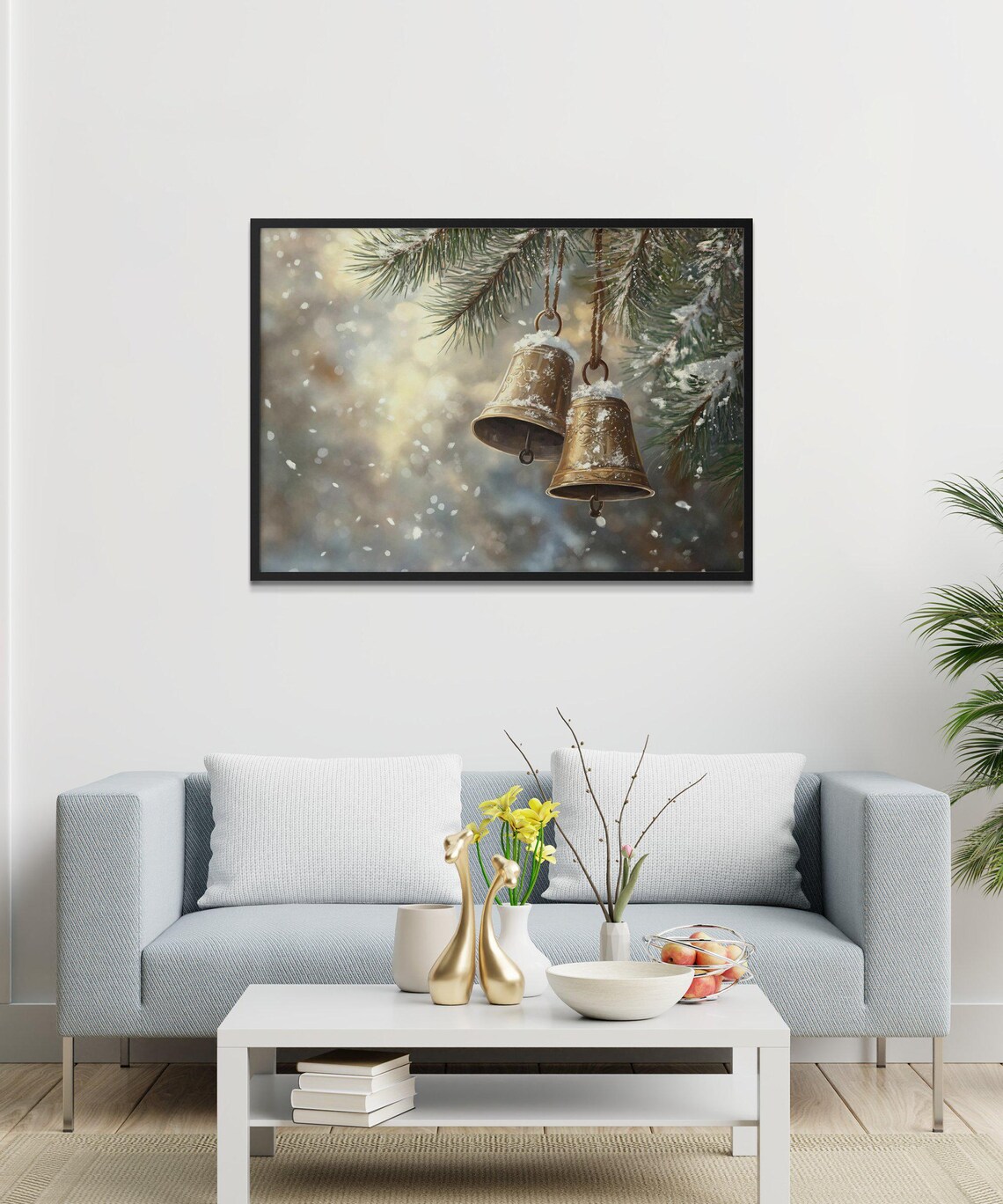 Vintage Christmas Bells, Snowy Pine Branch Art Print - Image 3
