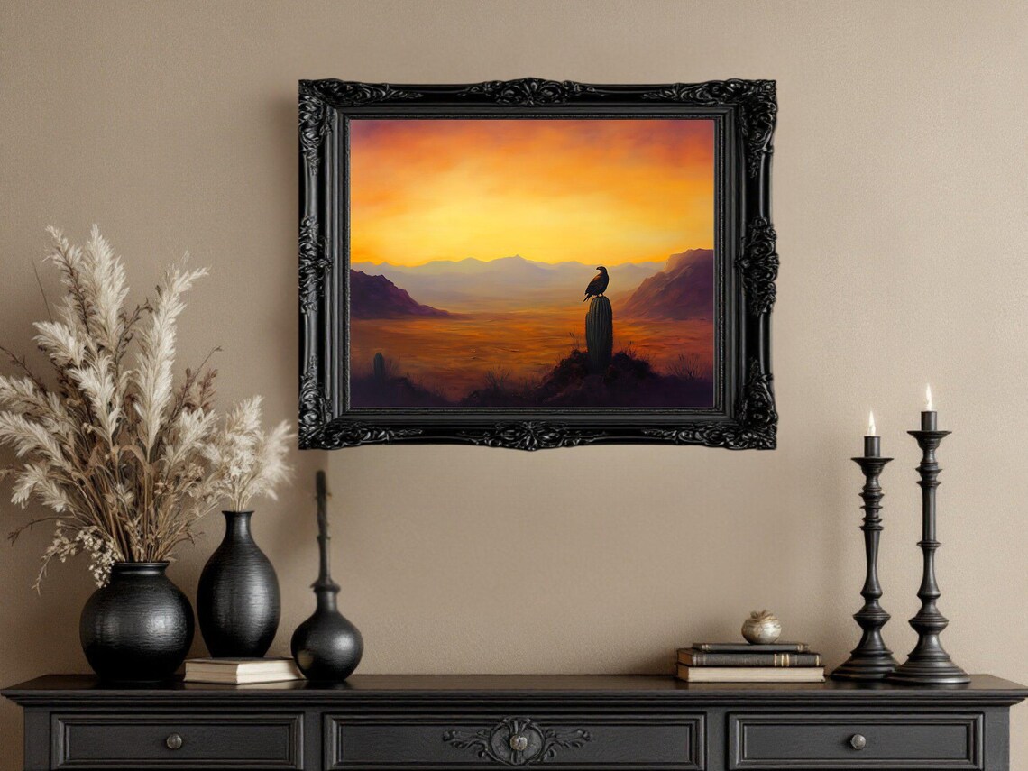 Sunset Desert Landscape, Bird On Cactus Art Print - Image 2