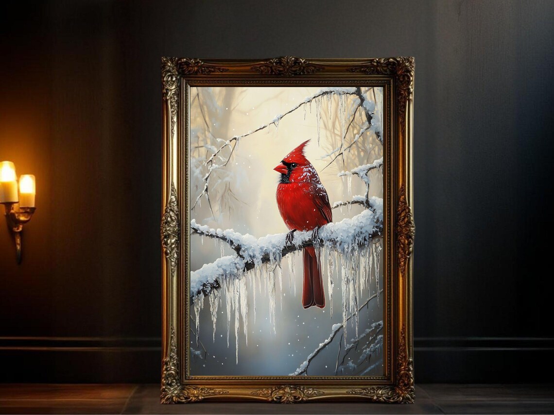 Winter Cardinal Bird, Snowy Nature Scene Art Print