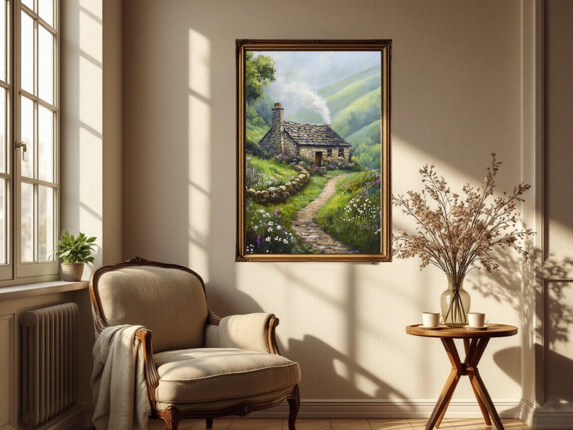 Cozy Cottage In Meadow, Rustic Countryside Art Print - Image 3