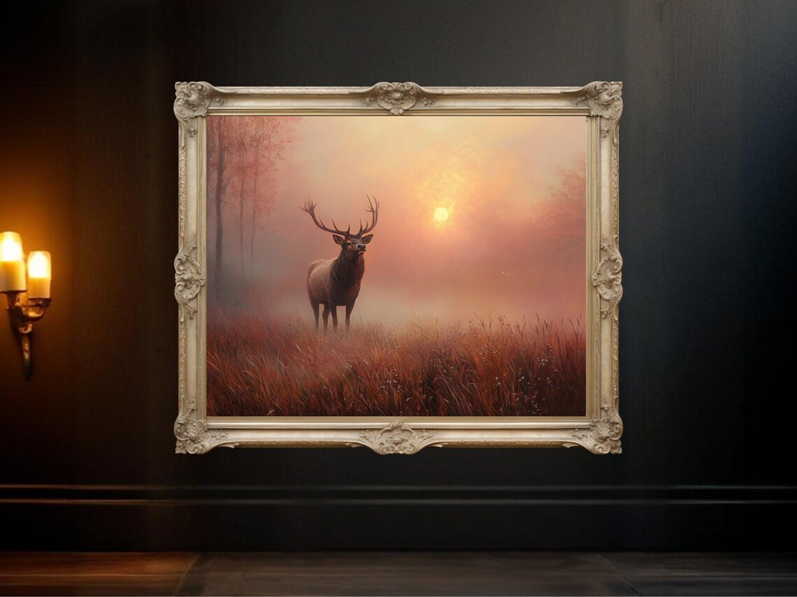 Majestic Deer At Sunrise, Rustic Nature Landscape