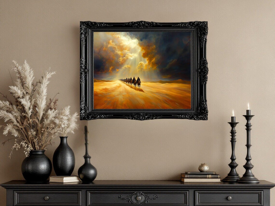 Desert Sunset Caravan, Dramatic Landscape Painting - Image 2