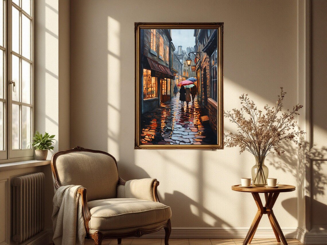 Rainy Street At Night In Cozy Town, Cityscape Painting - Image 3