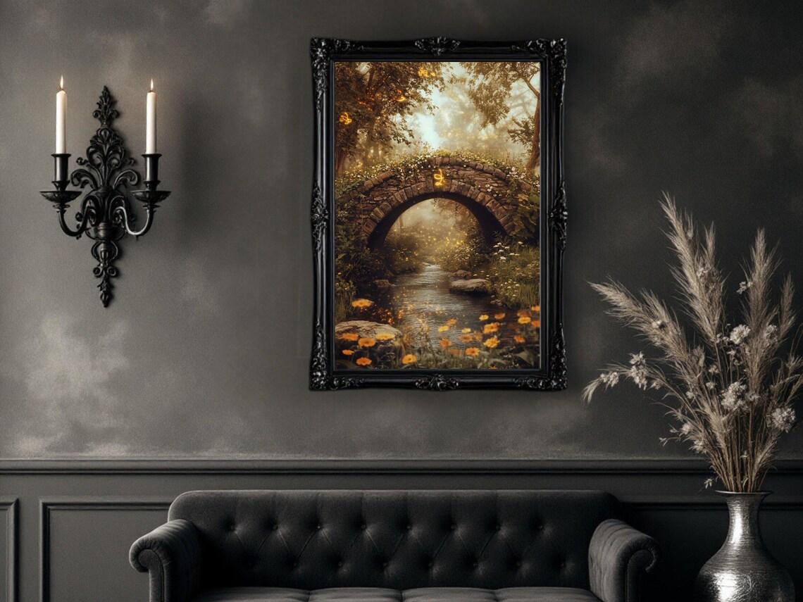 Enchanted Forest Bridge Art Print, Whimsical Nature - Image 2