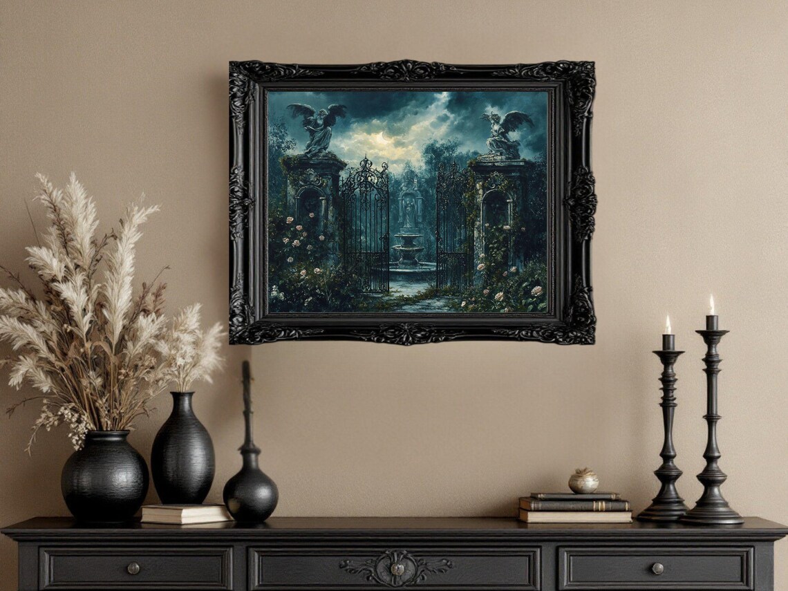 Enchanted Garden Gate, Gothic Moonlit Garden Art Print - Image 3
