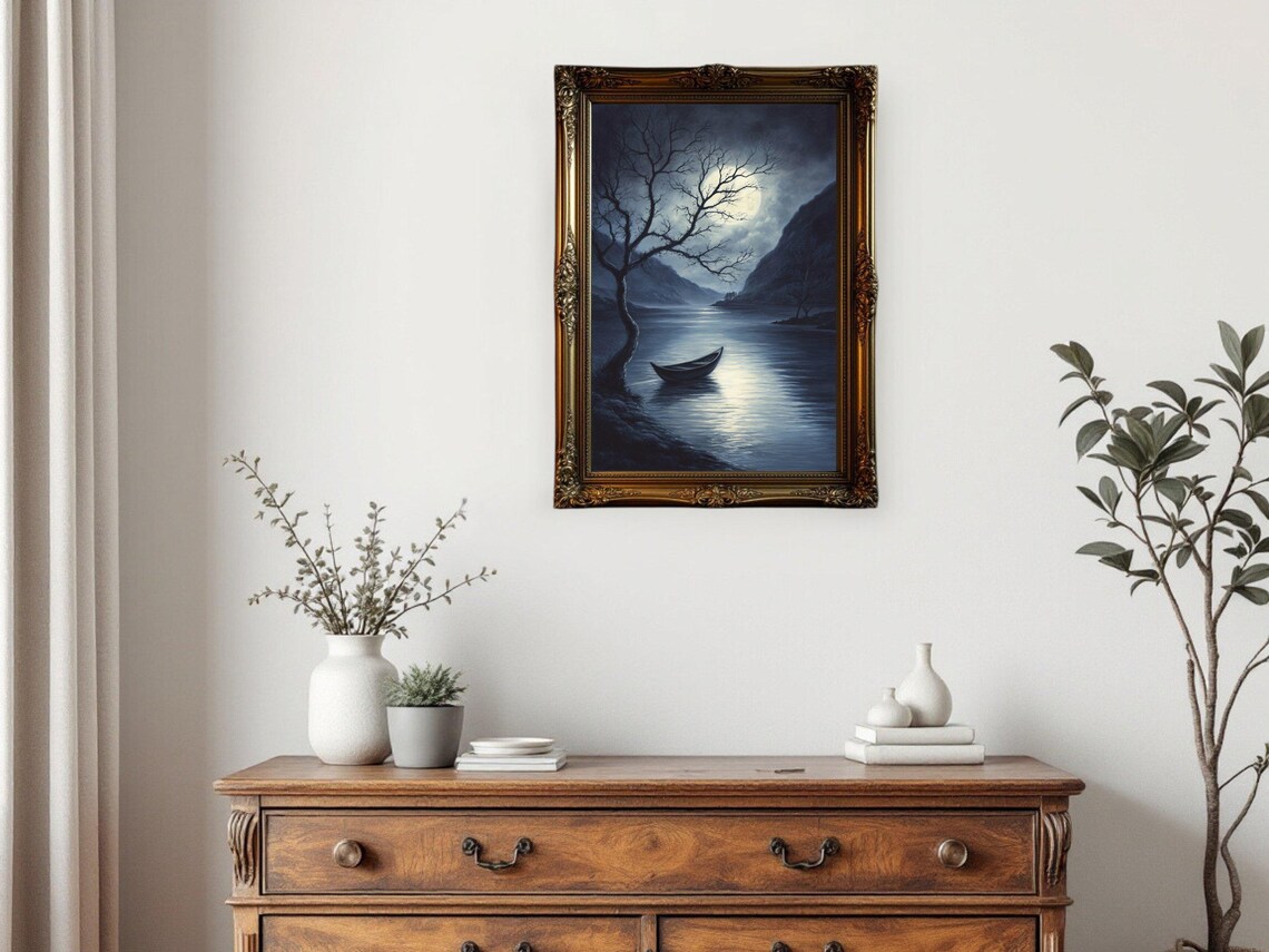 Moonlit Boat Scene, Dark Academia Nature Landscape - Image 3