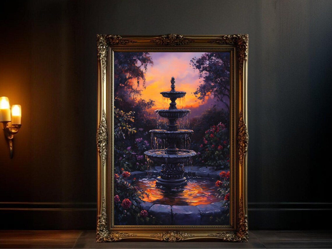 Fountain Sunset, Mystical Garden Scene Art Print