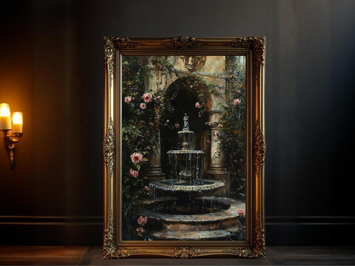 Romantic Garden Fountain, Vintage Rose Decor