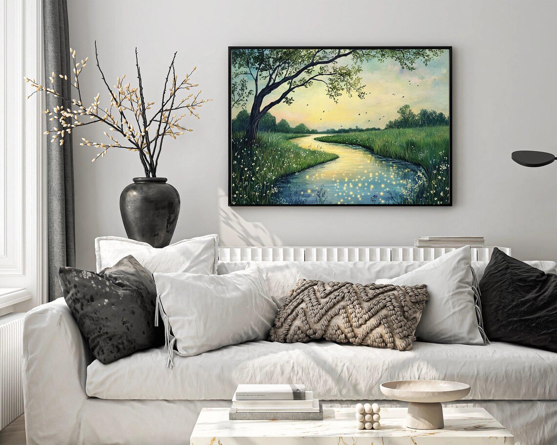 Serene River Landscape, Nature Painting Art Print - Image 3