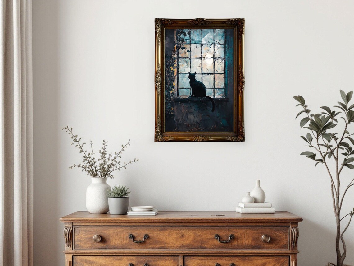 Cat Silhouette In Window, Gothic Halloween Decor - Image 3