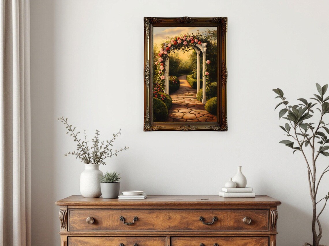 Garden Pathway Arch With Roses, Floral Artwork - Image 2