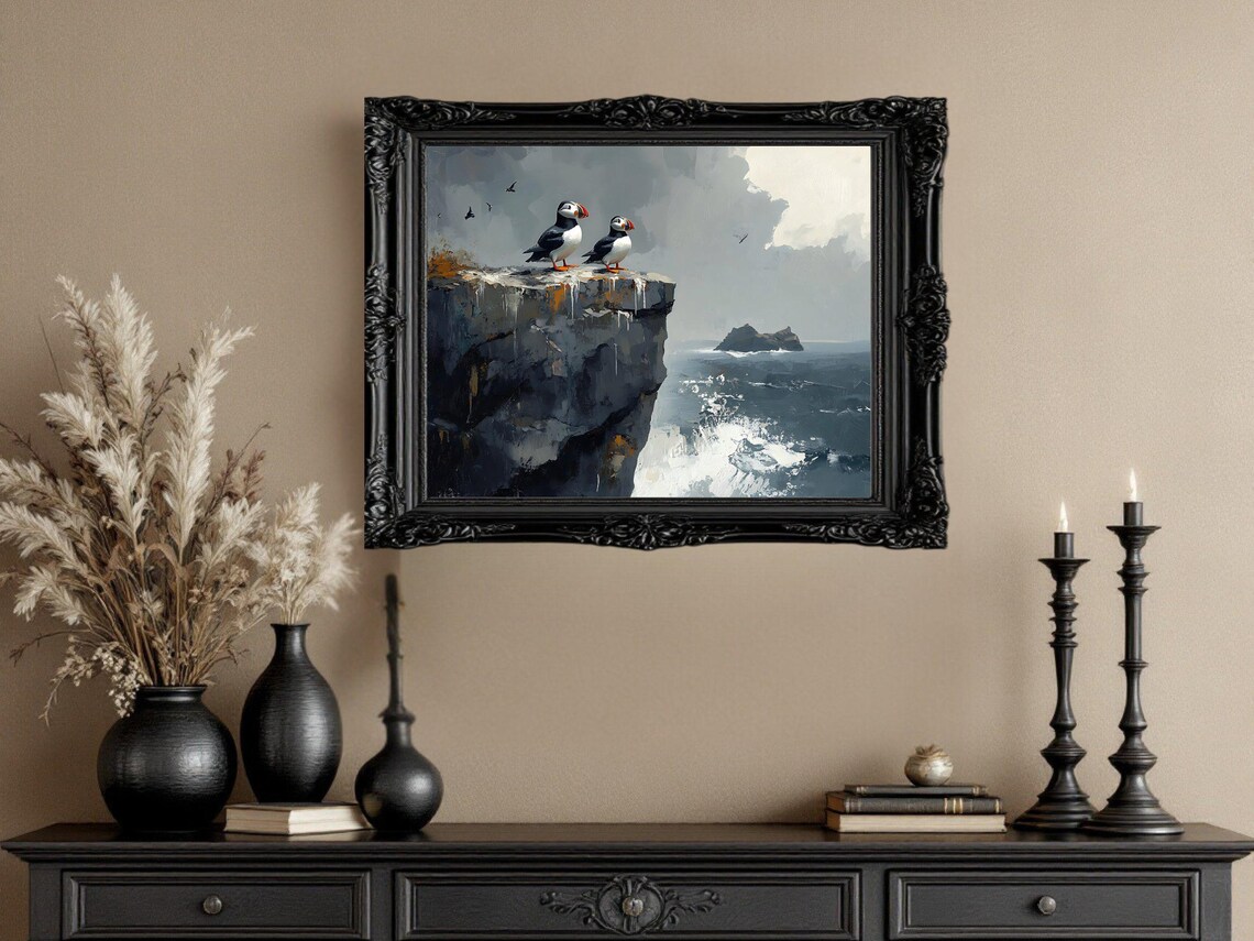 Puffin Birds Art Print, Coastal Ocean Cliff Painting - Image 3