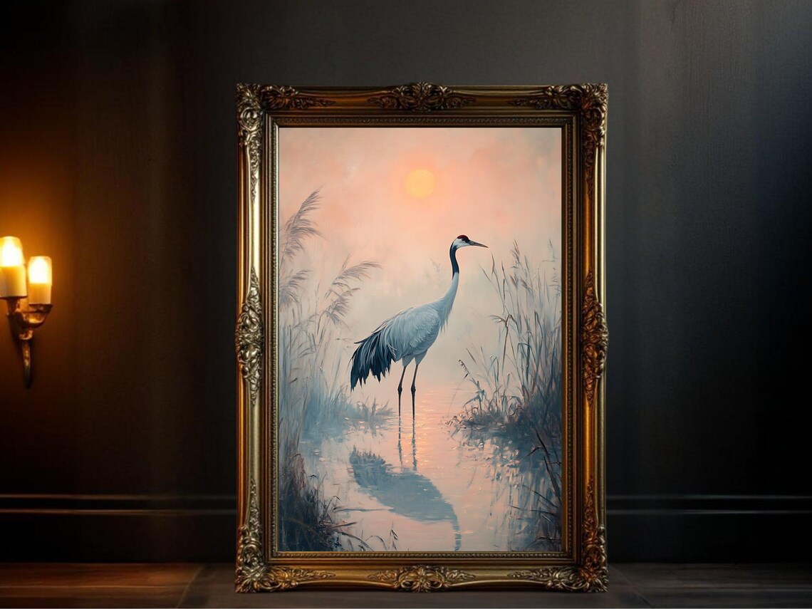 Crane Silhouette, Serene Sunset Nature Scene Print