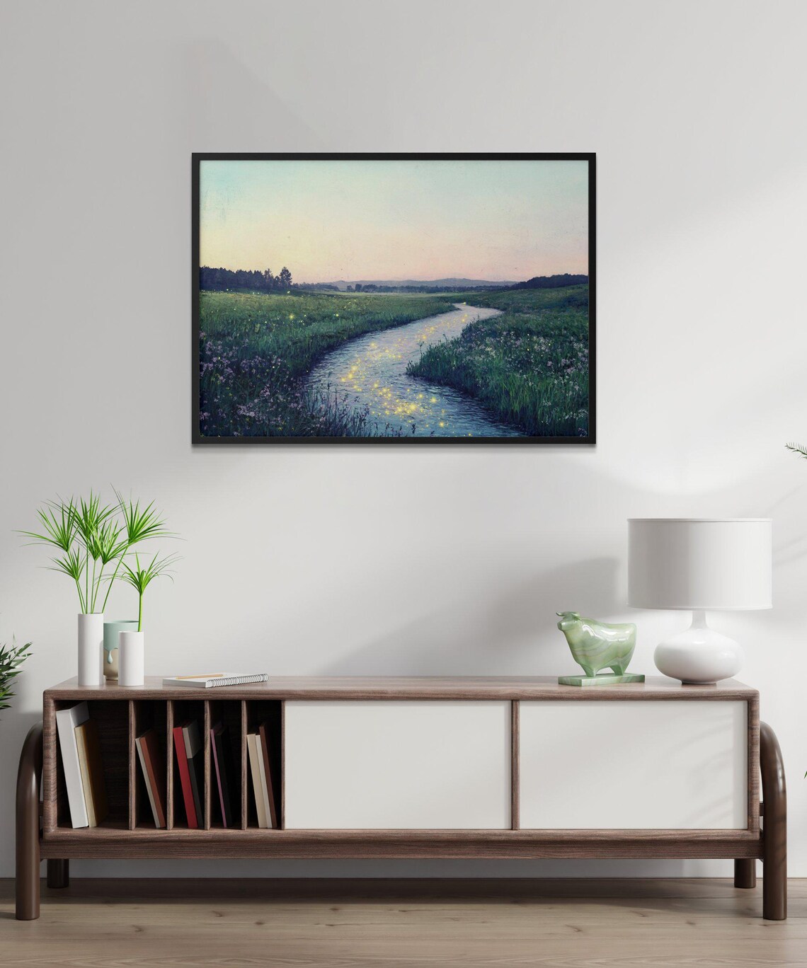 Serene Landscape River At Dusk, Tranquil Meadows Art Print - Image 2