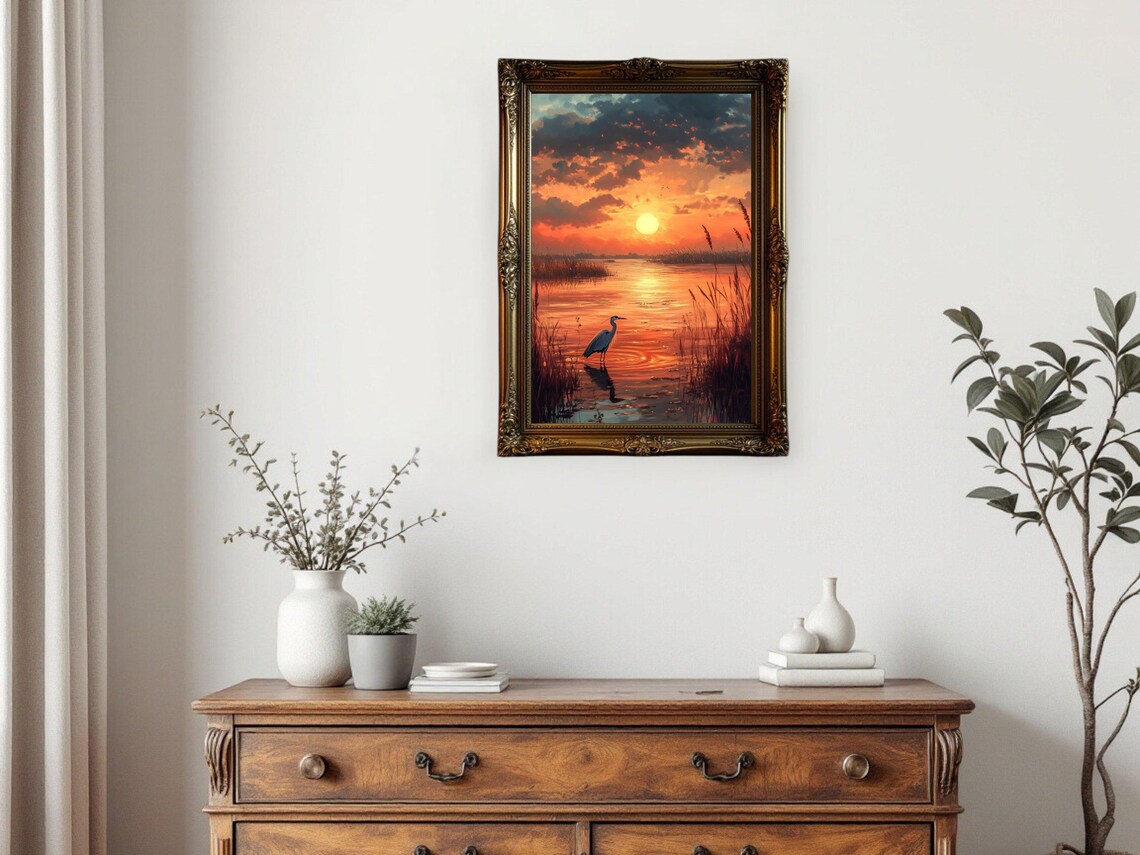 Serene Sunset Landscape With Heron, River Scene - Image 2