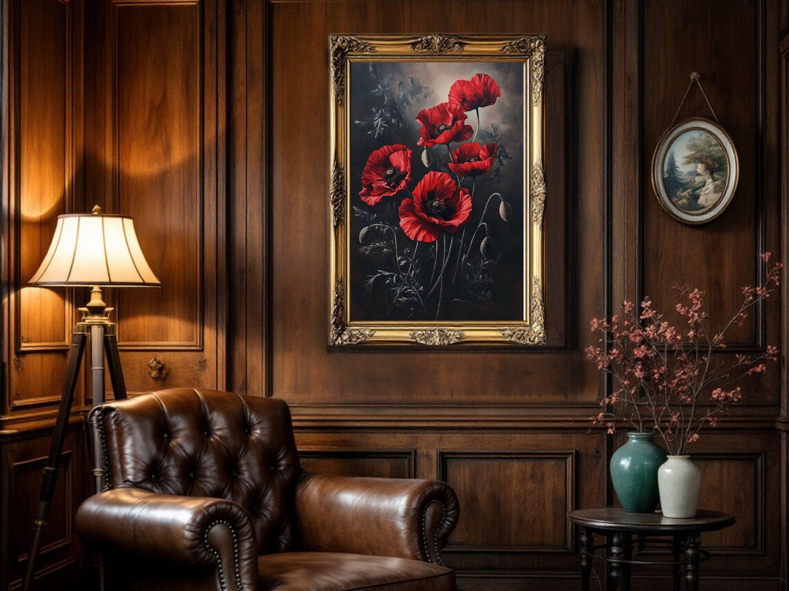 Red Poppies Vintage Oil Painting Botanical Art - Image 2