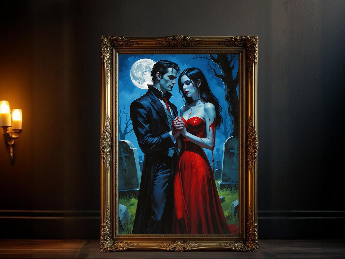 Gothic Vampire Couple, Moonlit Cemetery Art Print