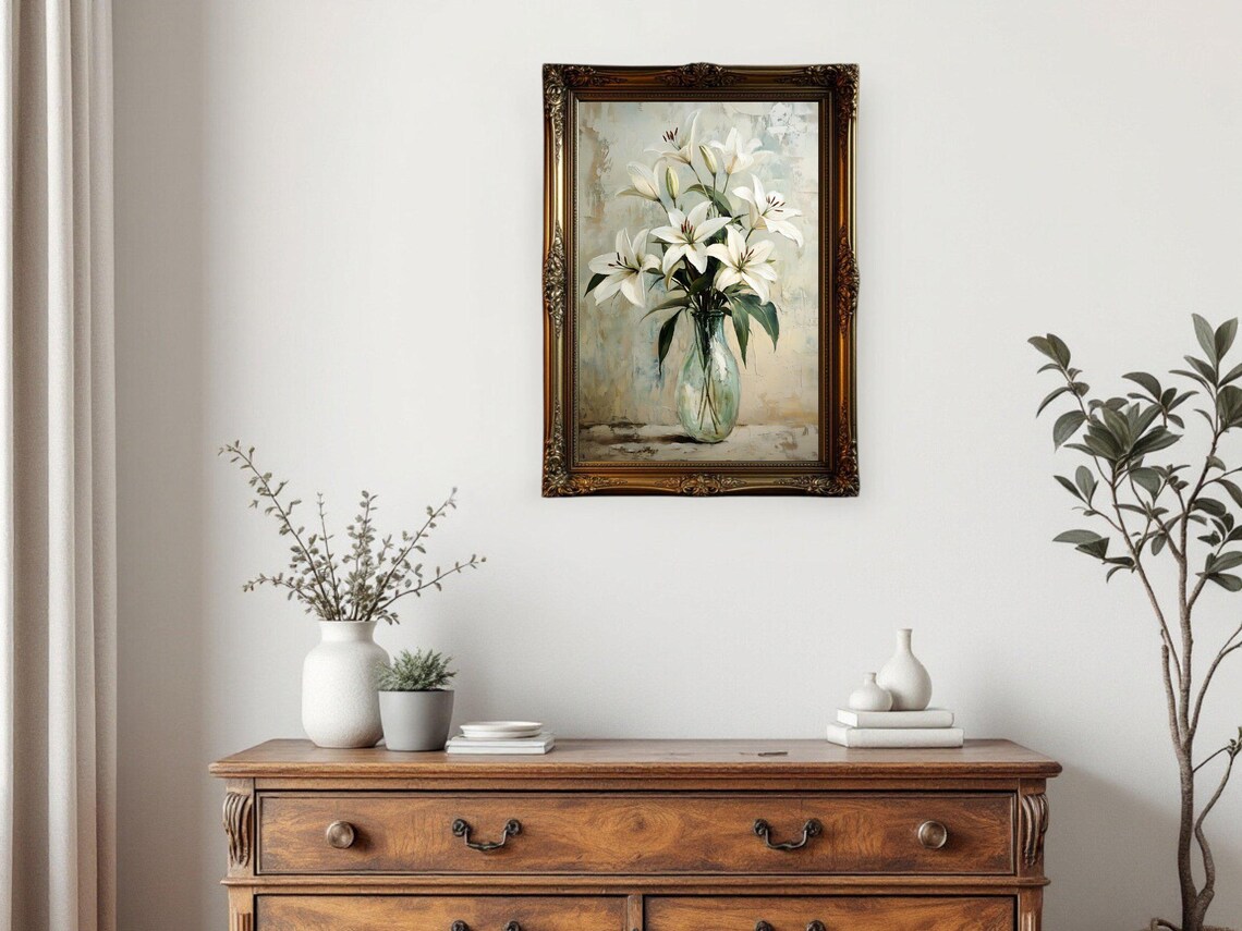 White Lilies Bouquet, Vintage Oil Painting Art Print - Image 3