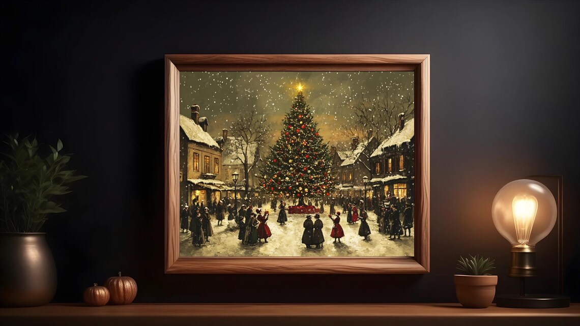 Victorian Christmas Tree, Vintage Holiday Village Scene - Image 3