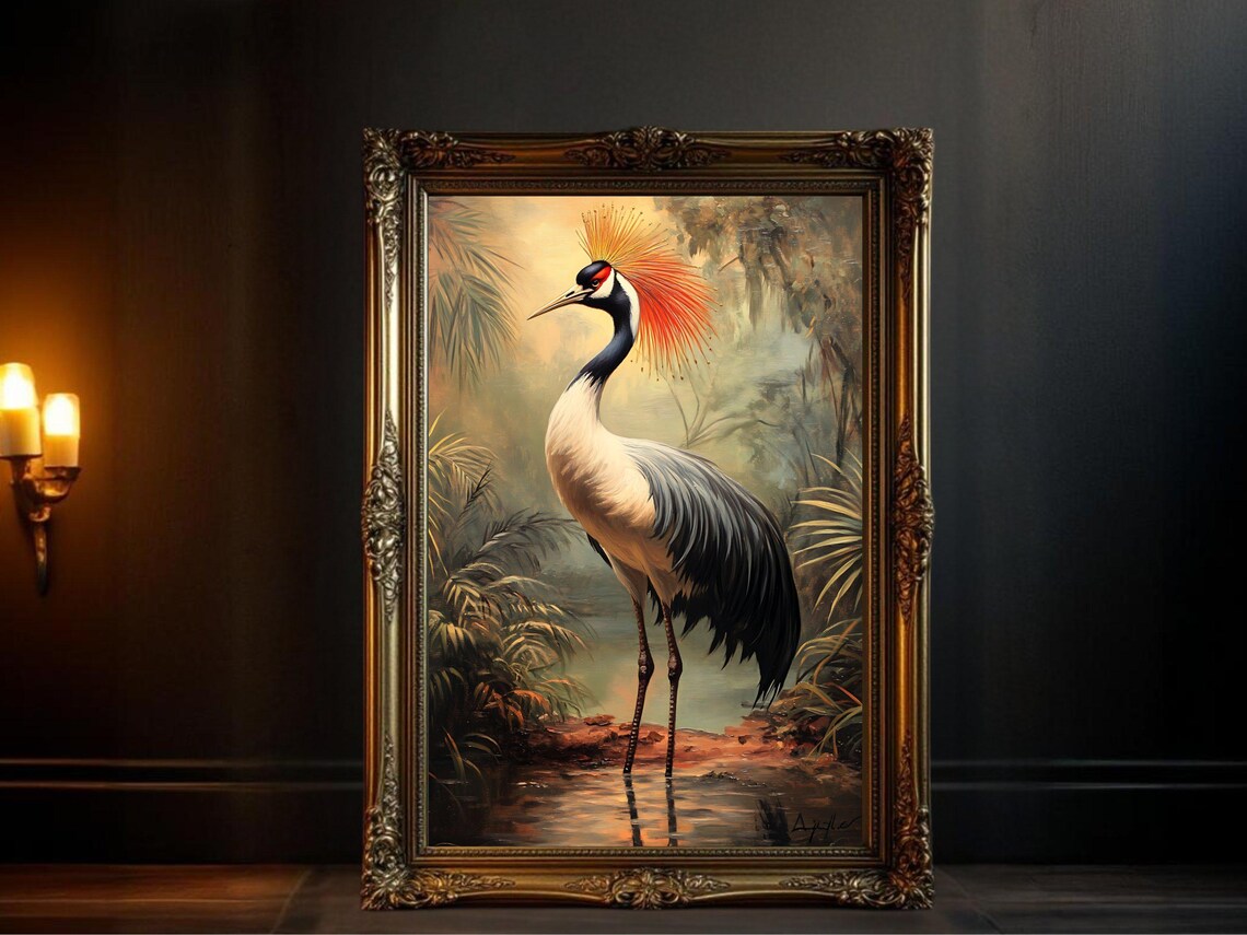 Exotic Bird Crane Painting, Elegant Nature Decor