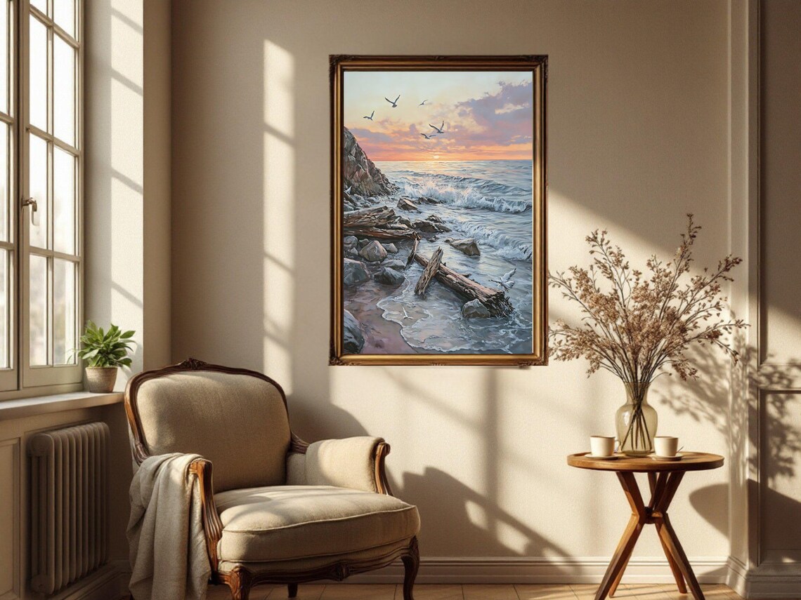 Coastal Sunset Ocean Waves Seagulls, Seaside Decor - Image 3
