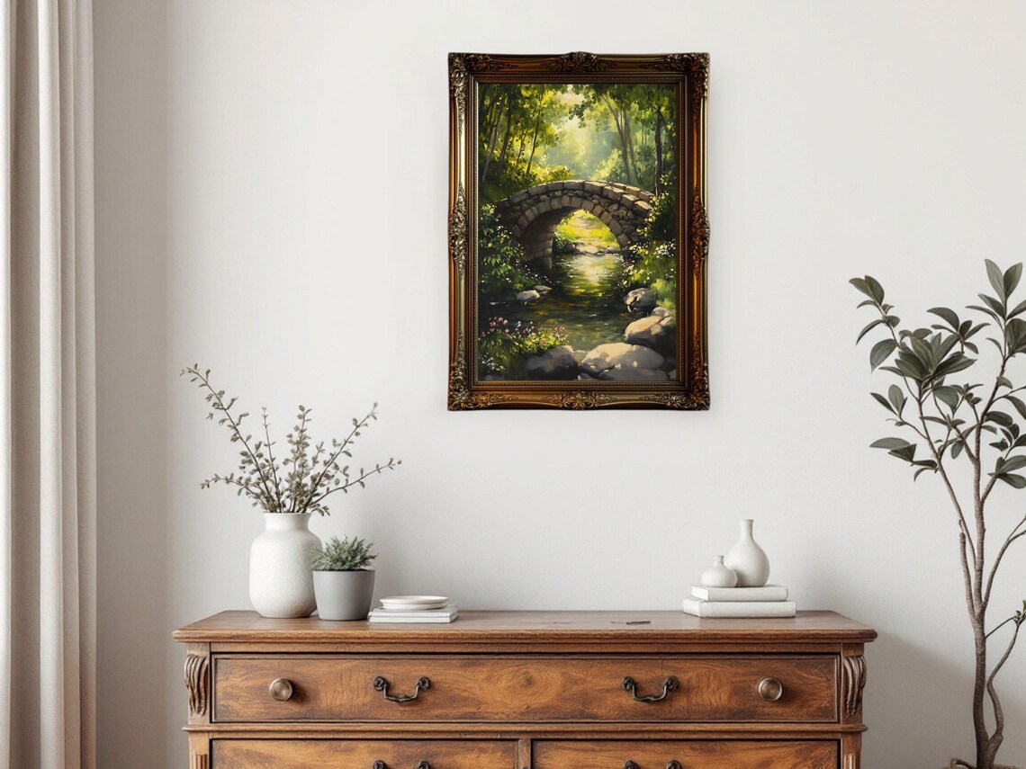 Stone Bridge Over Stream, Tranquil Forest Scenery - Image 2