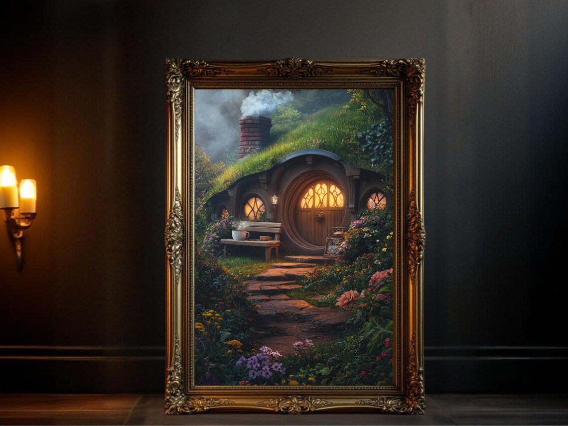 Cozy Hobbit House Fantasy Art Print, Rustic Landscape