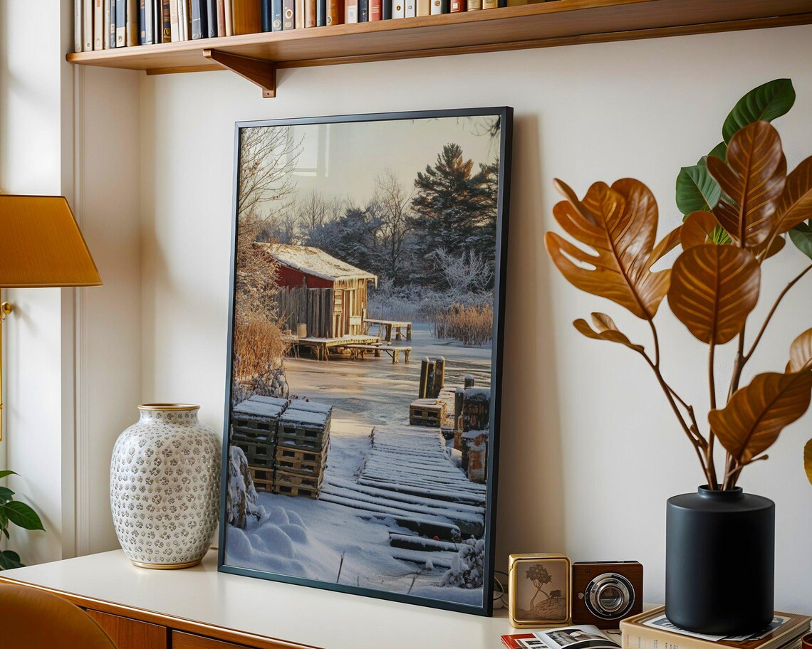 Winter Cabin In Snow, Rustic Frozen Lake House - Image 2