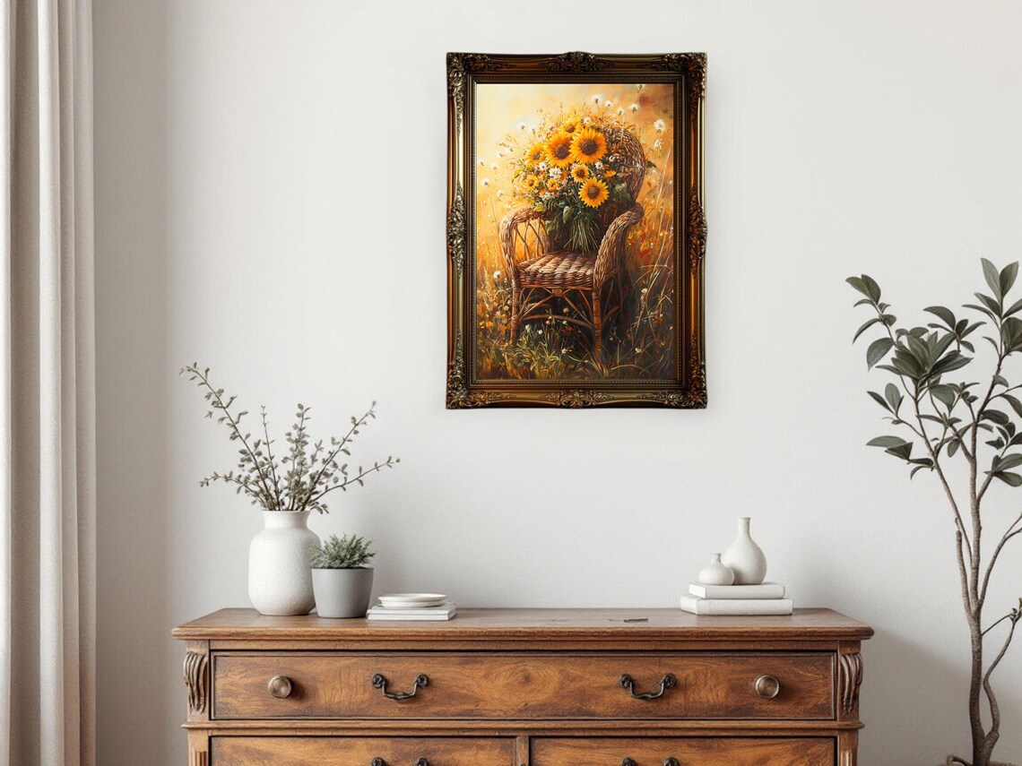 Sunflower Chair, Vintage Oil Painting Floral Decor - Image 3