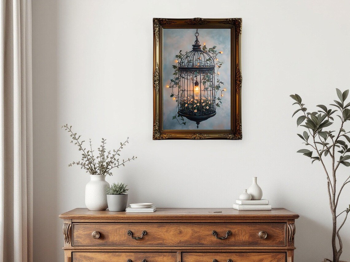 Birdcage With Ivy And Fairy Lights, Vintage Oil Painting - Image 3