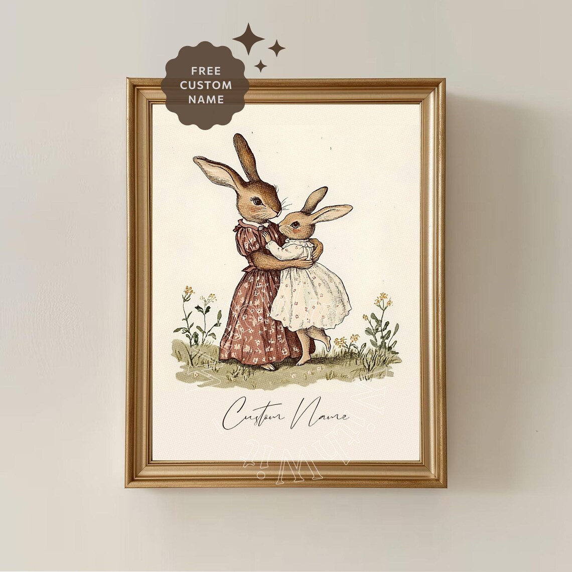 Vintage Bunny Mother and Child Custom Name Nursery Wall Print