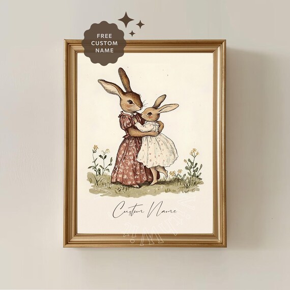 Vintage Bunny Mother and Child Custom Name Nursery Wall Print
