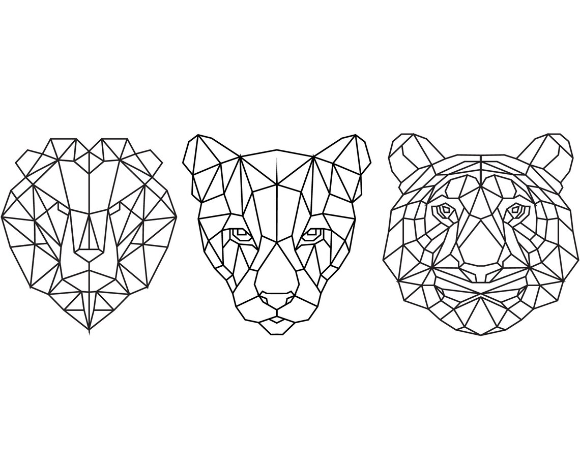 Geometric Big Cat Faces Line Art Set Lion Cheetah Tiger Minimalist Wildlife Print