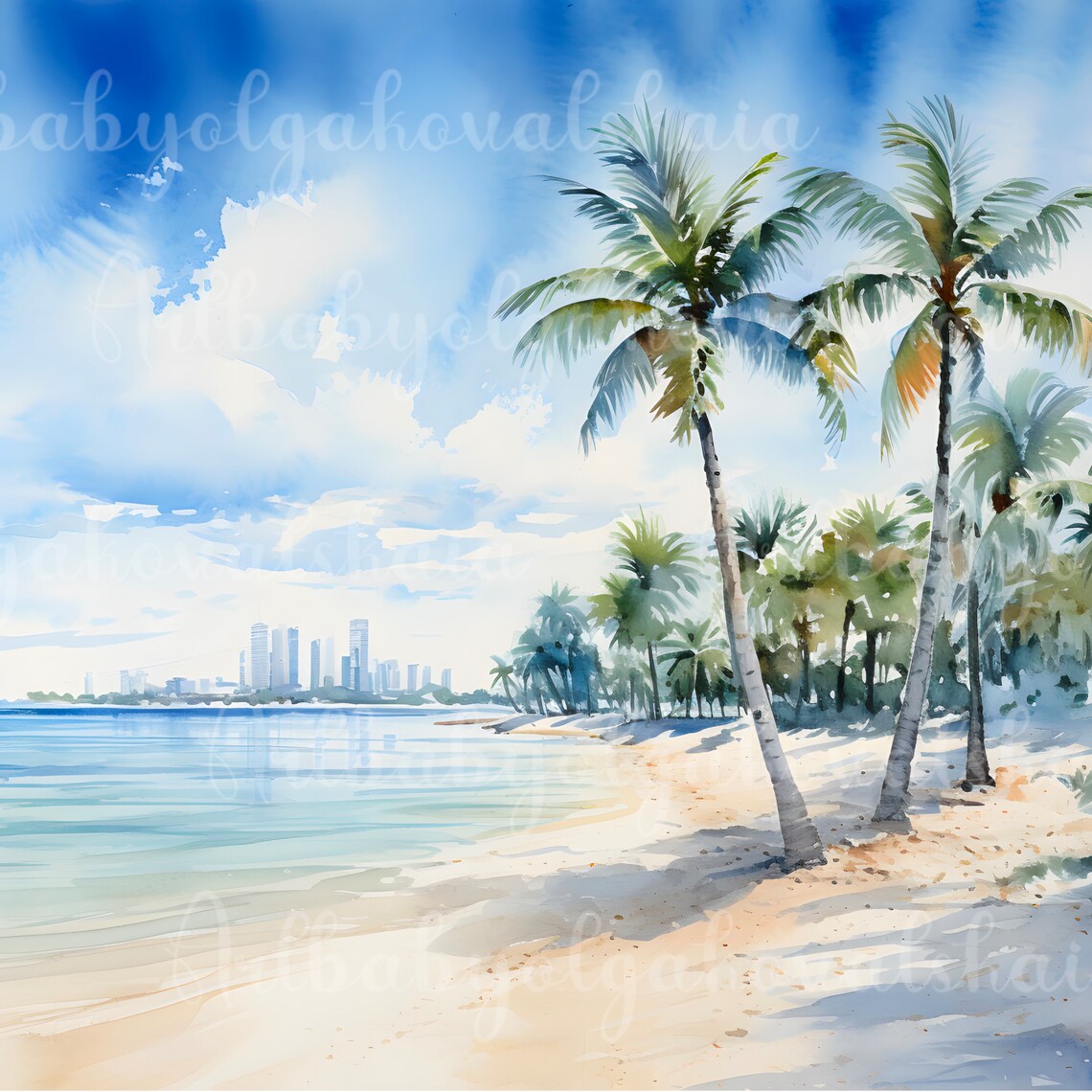 Miami Beach Watercolor Art Print, Florida Landscape