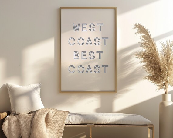 West Coast Best Coast Blue Outline Retro Typography Decor Poster