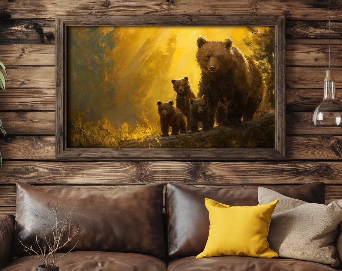 Brown Bear with Three Cubs Golden Forest Wildlife Painting Wall Art - Image 3