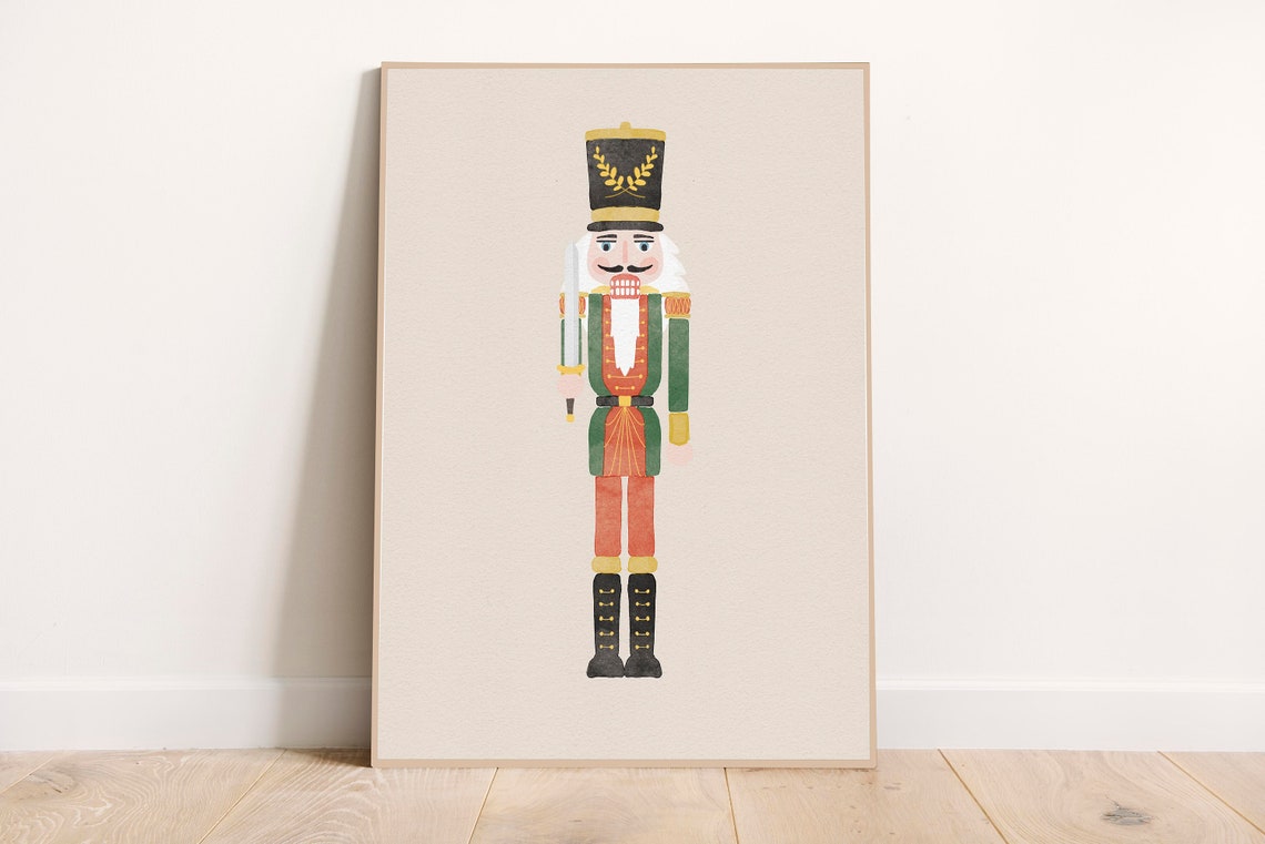 Watercolor Nutcracker Soldier in Green and Red Uniform Holiday Poster