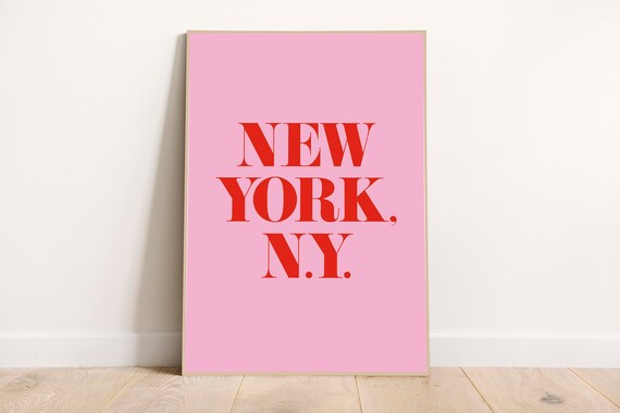 New York NY Red Typography Pink Background Minimalist City Wall Art