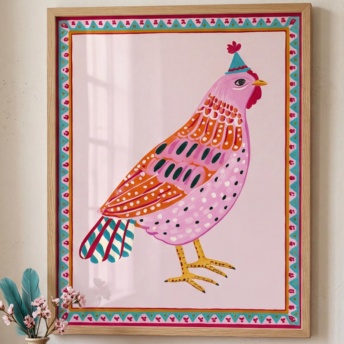 Whimsical Pink Chicken Wearing a Party Hat Folk Art Print for Nursery