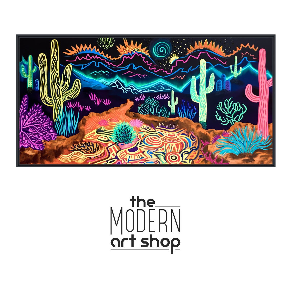 Neon Night Desert Landscape Painting Glowing Cactus Moon Wall Poster - Image 4
