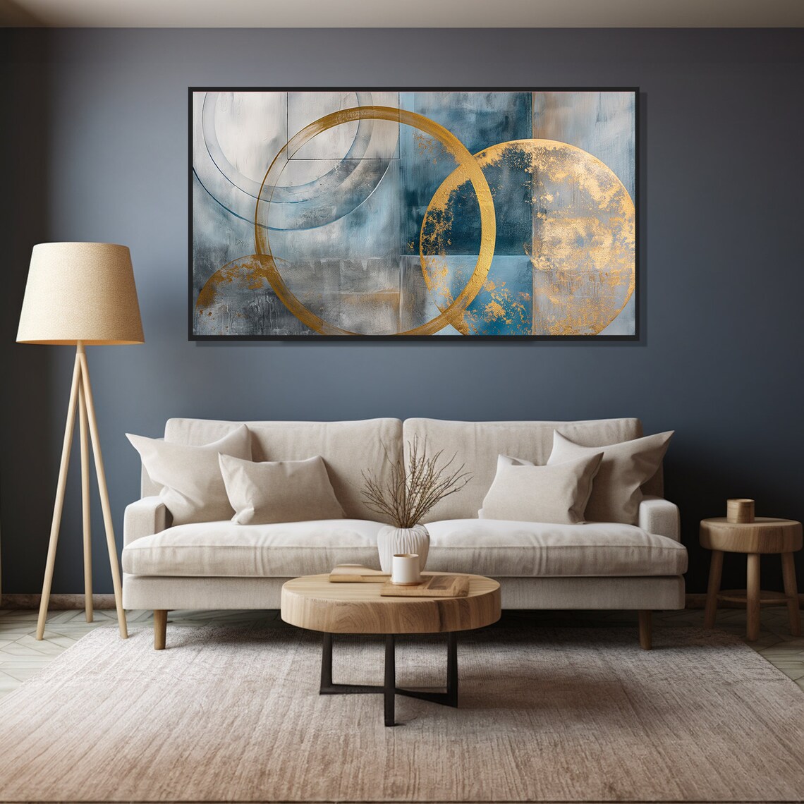 Golden Ring Abstract Painting Navy Blue Circles Shimmering Art Poster - Image 4